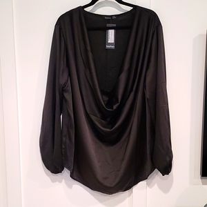 Black Satin Boohoo Drape Neck Blouse, Size 20 (US), NWT